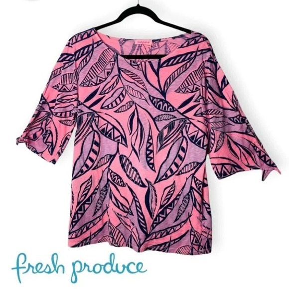 Fresh Produce Pink & Purple Leaves 3/4 Sleeve Loose Top - Picture 1 of 7